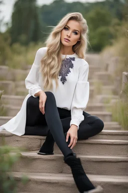 full body standing beautiful 20 year old girl with ash blonde hair and blue eyes with her long hair down, wearing a white sleeved shirt and nice sarifon dress, and lilac long leggings, with long black boots full body shot