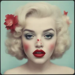 Polaroid head shot of doll faced marilyn monroe, pouty bee stung lips, red nose, hair adorned with tiny flowers, red cheeks and nose, headphone