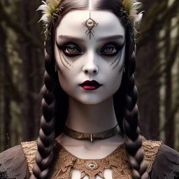 woolitize, Wednesday Addams, rusty metal, feathers, Dryad, fae, sidhe, ominous, nature, plants, wildflower, facepaint, dnd character portrait, intricate, oil on canvas, masterpiece, expert, insanely detailed, 4k resolution, retroanime style, cute big circular reflective eyes, Pixar render, unreal engine cinematic smooth, intricate detail , soft smooth lighting, soft pastel colors