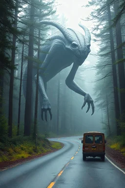 Fantasy forest road a giant alien creature waiting for a ride on the side of the road