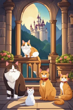 A animation image of a beautiful castle, a balcony with king, queen and a fat cat