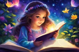 In a magical world full of colorful delight, a beautiful girl finds comfort at night as she delves into the pages of her beloved book, banishing fear through study and thought. Magic comes alive with each word she reads, allowing her dreams to thrive in the wondrous escape of a bright world within the book she holds.