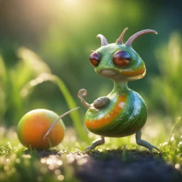 snail gremlin t-pose upper body of kobold made from tinted murano glass in long grass inspecting a melon ,bokeh like f/0.8, tilt-shift lens 8k, high detail, smooth render, down-light, unreal engine,bokeh like f/0.8, tilt-shift lens 8k, high detail, smooth render, down-light, unreal engine