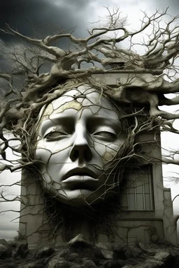surrealis monochrome A fragmented, surreal sculpture liguid color of photorealistic image 3d,glossy emerging from dreamlike a crumbling building. The face appears pale with deep cracks and intricate details, evoking a haunting expression. Blackened tree branches intertwine with the gold mengkilat cracks, set against a backdrop of stormy, cloud-filled skies. bauhaus art The overall tone is dark and moody, suggesting themes of decay and transformation. Bruegel painting style