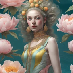 PHOTOREALISTIC PORTRAIT OF A GIRL of Cirque dU soleil, WALKING ON THE SHORE AT THE MOONLIGHT, AND EMBRACING PINK YELLOW PEONIES, VIVID colors: torquoise, pale salmon, persimmon, grey-green , pale lemon yellow, greenish gold, metallic bronze. HIGH RESOLUTION AND DETAILS, HIGH DEFINITION, STYLE BY RAFFAELLO, MICHELANGELO, KAROL BAK, ANDY WARHOL, Anna DittmannULTRA detailed; CORRECT anatomy, FACE and eyes, STYLE by JEAN BAPTISTE MONGE, H.R. Giger, MICHELANGELO, Gustave Dore, LEONARDO DA VINCI,