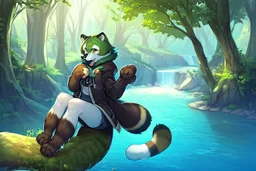 Girl, green hair, raccoon tail, raccoon paws in hand, raccoon paws in foot, forest, river, sit on tree, coat on neck, with tongue out, big tail, furry