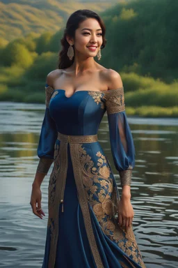 full shot body photo of the most beautiful artwork in the world featuring model, happy mood, High Detail, Sharp focus, dramatic, photo realistic, ultra sharp, ultra hd, hyper realistic, ultra realistic, ((((dress)))), trending on artstation, sharp focus, studio photo, intricate details, highly detailed, standing in nice pose in country side with river ,water fall ,rocky vally