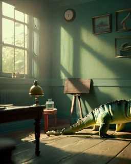 Room scene with alligator sleeping, Wes Anderson styler, realistic image, concept art, smooth, unreal engine 5, god lights, ray tracing, RTX, lumen lighting, ultra detail, volumetric lighting, 3d.