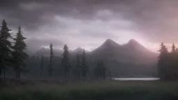 Cloudy dark sky, Distant epic mountains, trees