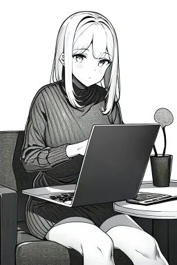 thin hacker girl use a laptop sitting in a cafe, line arts, greyscale