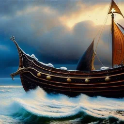 portrait of 'Viking Ship on rough seas',snow,viking with horned helmet,ancient armor,painting by Earl Norem, simon Bisley,frazetta evan lee, Vallejo,kelly oil on canvas, cinematic composition, extreme detail,fit full head inside picture,8k