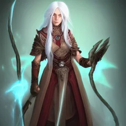 Female Aasimar Warlock dungeons and dragons character. Pale hair and glowing eyes. Spy.