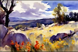 Sunny day, clouds, flowers, rocks, trees, distant mountains, spring, sci-fi, fantasy, john singer sargent watercolor paintings