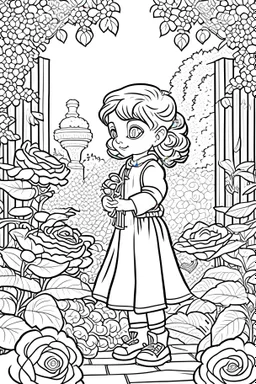 kids coloring page, rose garden, cartoon style, thick lines, low detail, no shading