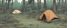 campsite, tents, overgrown, post-apocalyptic, comic book, forest