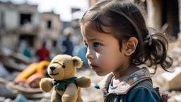 side view to palestinian little girl looking at face to face her toy with tears and Destroyed buildings in the background