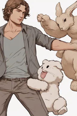 hot man fighting in the hunger games, holding a stuffed bunny