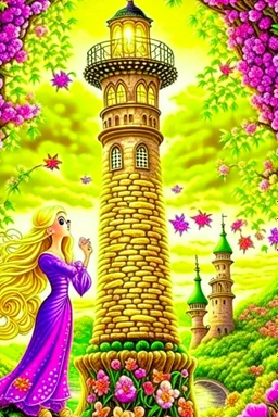 Princess Rapunzel is very beautiful in her tower, her hair is falling from the tower, and beautiful flowers and lanterns are flying around her