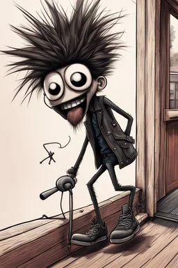 2d drawing of a stickman, cool with punk hair, x eyes like in hangman, driving a porch, 3d realistic in colour