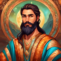 ethereal fantasy concept art of {"young man", "dark brown hair", "brown eyes", "Beard and mustache", "stoic expression", "Kaftan", Head and shoulders, } . magnificent, celestial, ethereal, painterly, epic, majestic, magical, fantasy art, cover art, dreamy