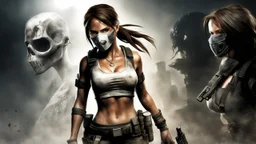 lara croft from tomb raider with a mask of ghost from call of duty