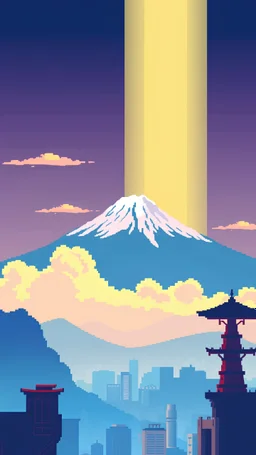 A parallax pixel art background for a vertical 2D platformer game with mount fuji in the background, light colors, clouds on a different layer, city in the foreground at the bottom