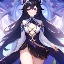 Clear focus,High resolution, Black long fluffy hair, and purple eyes, wearing a Genshin Impact Inspired Outfit,Detailed Clothes,A little bit revealing, must wear a short skirt, Mad, wearing a split skirt