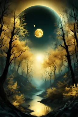 a translucent golden moon, looking down at a beautiful tri coloured fantasy forest