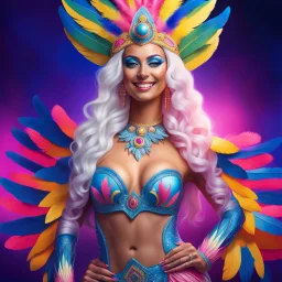 photorealistic full body portrait of a beautiful smiling amazonian carnival goddess with long parma white hair, colorful feathers tight hips with a tron like body suit in a cosmic surounding only blue , pink and yellow