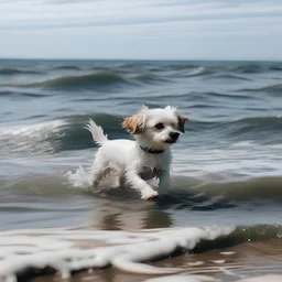 a white small dog in the sea