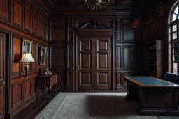 Picture of a study with mahogany panelled walls, a large desk to the side and a heavy wooden door, photorealistic, dark fantasy, 4k
