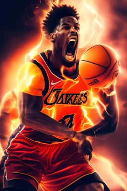 8k, highly realistic and detailed image of a NBA basketball player in action dunking the ball in the net, sweaty hair, screaming look,action and smoke and flames background