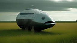 small, sleek, squat, cargo spaceship shaped like a whale, sitting in a field