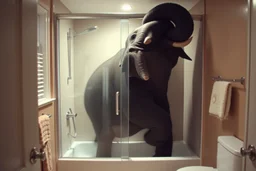 surreal photograph of a massive elephant uncomfortably contorted in a small stand-up shower in a suburban bathroom, elephant is too big and has to hunch over his head touching the ceiling and his bulk pushed up uncomfortably against the shower glass door