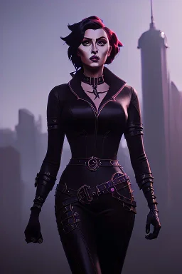 A portrait of mideveal witch SOPHIA LOREN dressed in shiny black leather in a film noir city, sci-fi fantasy style, volumetric lighting, particales,highly detailed,cinamatic, deep colours,8k.