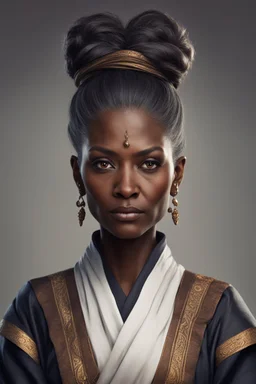 50-year-old sorceress, brown eyes and dark skin, salt and pepper hair tied up in a serious bun, dressed in a diplomatic tunic, with a serious look.