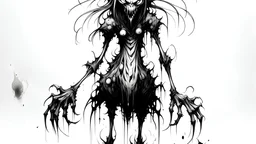 Creepy ink demon oc (Mouth & eyes like dupe from Doors, tall, slim, Fluffy tail, Hair covers eye?, sometimes walks on four legs, long arms, organs made of ink, fluffy somehow