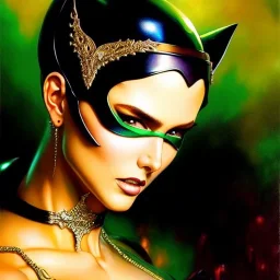 portrait 'beautiful Sexy Busty CatWoman',crystal clear green eyes,painting by gaston bussiere, greg rutkowski, yoji shinkawa, yoshitaka amano, tsutomu nihei, donato giancola, tim hildebrandt, oil on canvas, cinematic composition, extreme detail,fit full head inside picture,32k