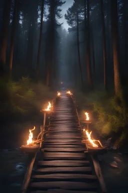 A wooden bridge above a river in the forest at night with fire torches on each side,A wooden bridge in the forest at night with fire torches on each side,a wild forest ,The staircase stands unwavering, a symbol of strength and endurance.