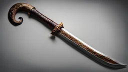 an arabian scimitar out of it's sheath, whose blade made out of lava, glowing bright. it's guard has curled goat horns as decoration, and there is a curled chain affixed to the pommel.