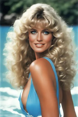 Farrah Fawcett with extremely wavy curly, blonde hair and blue eyes, posing for her famous swim suit poster