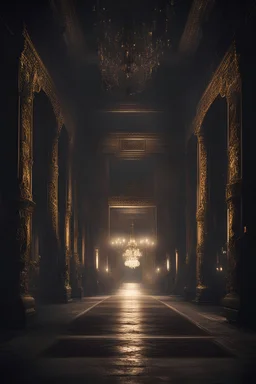 Inside the dark palace at night, where the lights are on all around