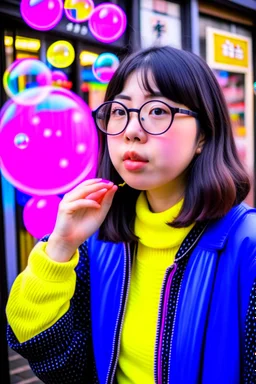 cool girl blowing bubbles on streets of tokyo in the style of hiroku ogai