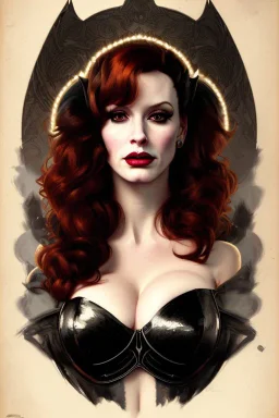 painting of christina hendricks as evil queen in black leather, feminie, angry, volouptous, busty, cleavage, emperious, mature, highly detailed, digital painting, artstation, concept art, smooth, sharp focus, illustration, art by gaston bussiere and alphonse mucha