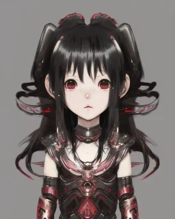 Detailed anime child girl, dark brown hair, black and red dragon scale armour, intricate details, full body portrait, keep head in frame, slight smile, black Japanese motif, concept art, highly detailed, digital painting, concept art, sharp focus, illustration, art by Yoji Shinkawa, WLOP and greg rutkowski and alphonse mucha and artgerm and yanjun Chen and Junji ito and Makoto Shinkai, HDR, octane render