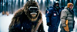 close up documentary photography, Baby Yeti, Child Bigfoot, Dystopian, Japanese, Extreme depth of field, bokeh blur, winter, blizzard, Alberta, all-natural, in the style of candid, imperfection, natural lighting, Professional shot, shot on Agfa, Fuji Film, Anamorphic lens, 1980s, --ar 4:5 --w 150 --style raw