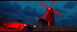 windmill scene from gorillaz music video, with car and moose