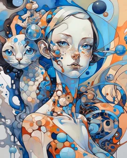 Abstract biomorphic mixed-media painting of woman with Siamese ca, caught in a dynamic off-balance pose inside [SCENERY]. Build the figures from irregular floating shape-cells, softly warped anatomy, oversized curious eyes, rounded mask-like faces, playful distorted proportions, and interlocking organic fragments that feel hand-cut and reassembled. Use pastels with translucent alcohol-ink blooms, watery pigment stains, dry watercolor edges, milky gradients, saturat