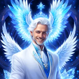 MAGICIENS HOMMESARCHANGE . grandes AILES beautifull MAN SOURIANT , smiling happiness,wrings, 2 ailes,whole body, brillant jewels, light, ice kingdom digital painting,a crystal - clear ice, majestic, ice fractal, Fantasy, Illustration,Character Design, magician beautifull man, blue eyes, white hair - white clothes BLANCS , face smiling happiness