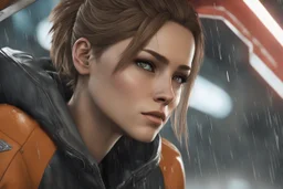 Carla in 8k anime cgi artstyle, Detroit become human them, normal eyes, close picture, rain, apocalypse, intricate details, highly detailed, high details, detailed portrait, masterpiece,ultra detailed, ultra quality